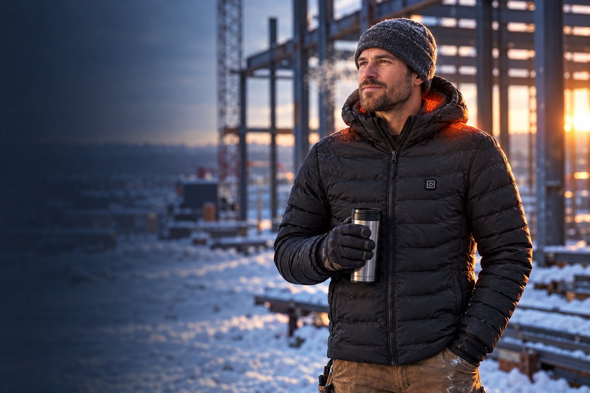 Worker on a snowy jobsite at sunrise wearing the Iron Heat heated puffer jacket