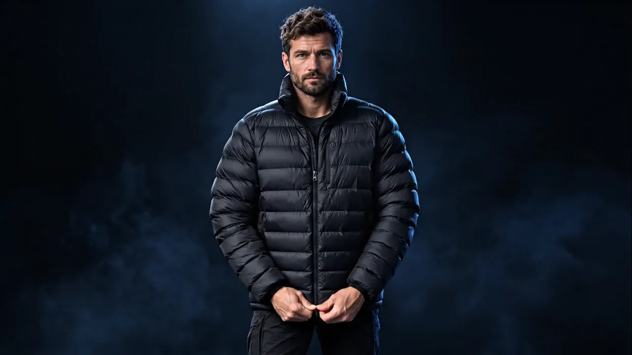 Black Iron Heat puffer jacket worn outdoors